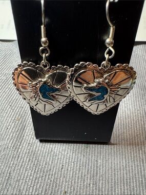Source Unknown Silver Heart Earrings with Blue Inlay - Women Jewelry